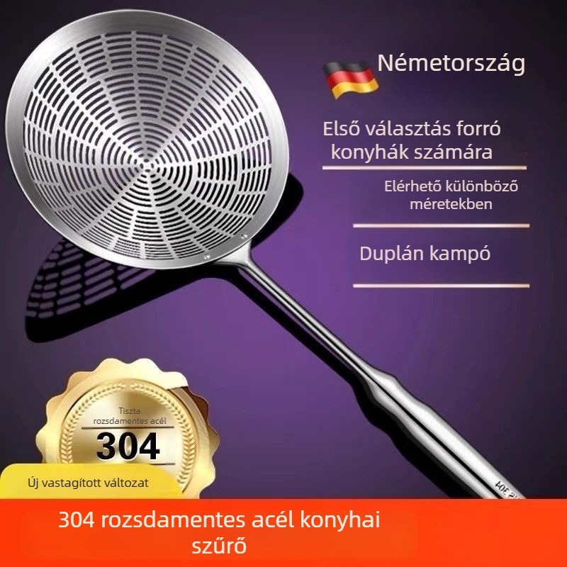 Hosszú fogantyújú rozsdamentes acél hálós szita dumplingokhoz és tésztához, 304-es rozsdamentes acél
