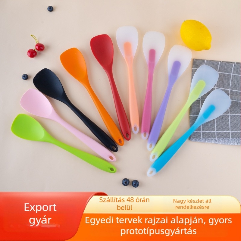Szilikon salátavilla áttetsző kacsa-nyelv fejjel, keverő- és főző spatulával