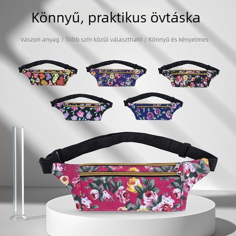 Vászon övtáska virágos mintával, városi egyszerű stílus, anyag: vászon, terhet csökkentő dizájn, modell: Canvas flower bag