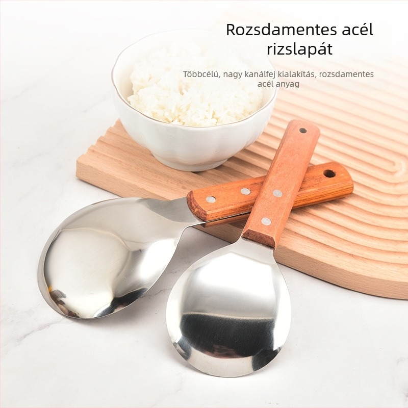 Rozsdamentes acél rizseszervírozó kanál, fa nyéllel, nagy kapacitású