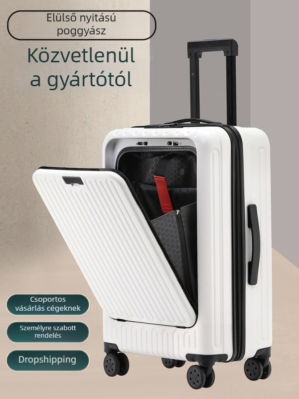 Elöl nyíló bőrönd, TSA zár, USB töltés, ABS+PC, univerzális kerekek