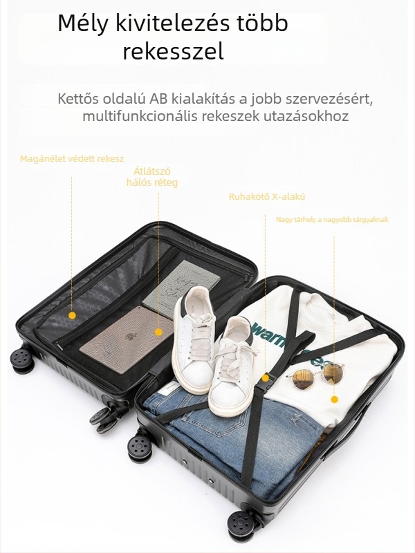 Elöl nyíló bőrönd, TSA zár, USB töltés, ABS+PC, univerzális kerekek