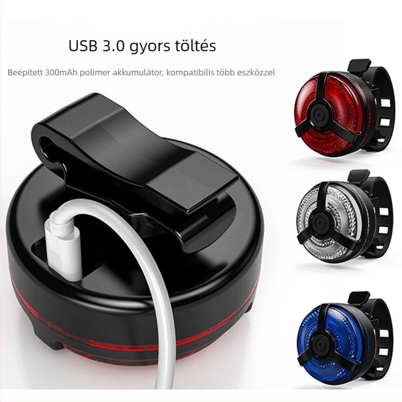Kerékpár hátsó lámpa USB töltéssel, csatos rögzítés, 400 mAh akkumulátor, Micro-USB töltés, éjszakai bringázáshoz