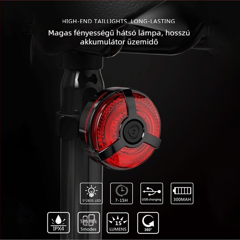Kerékpár hátsó lámpa USB töltéssel, csatos rögzítés, 400 mAh akkumulátor, Micro-USB töltés, éjszakai bringázáshoz