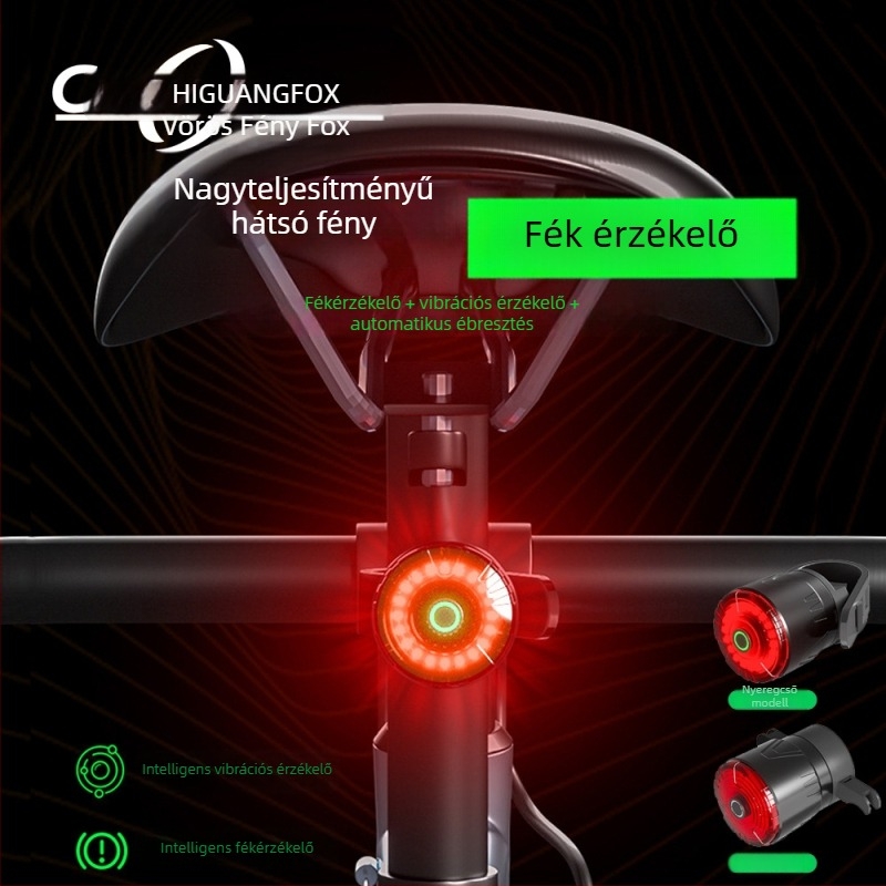 Új okos kerékpáros hátsó lámpa kettős konzollal, Type-C töltés, vízálló, vibrációs érzékelő, éjszakai vezetés figyelmeztetés (Márka: Red Light Fox; Importált: Nem; Magánmárkák: Igen)