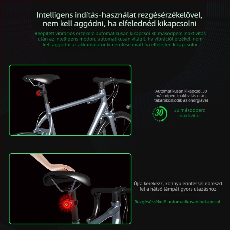 Új okos kerékpáros hátsó lámpa kettős konzollal, Type-C töltés, vízálló, vibrációs érzékelő, éjszakai vezetés figyelmeztetés (Márka: Red Light Fox; Importált: Nem; Magánmárkák: Igen)