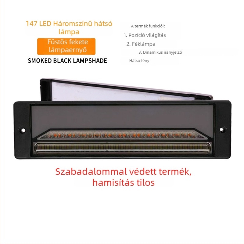 LED hátsó lámpa nehéz járművekhez — háromszínű fényvezető, 147 LED, modell YLF-008/YLF-009, 2835SMD, 12-30V, 3W