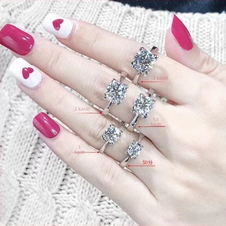 Moissanite ezüst gyűrű, klasszikus négyfoglalatú foglalat, S925 ezüst, egy karátos, eljegyzési gyűrű