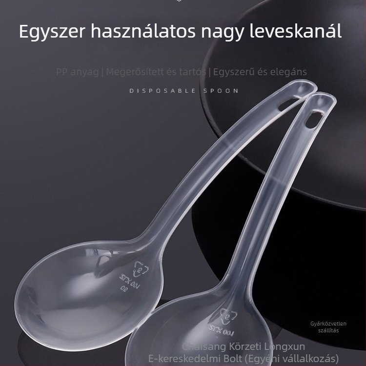 Egyszer használatos hosszú nyélű műanyag leveskanál, élelmiszer-minőségű PP anyag