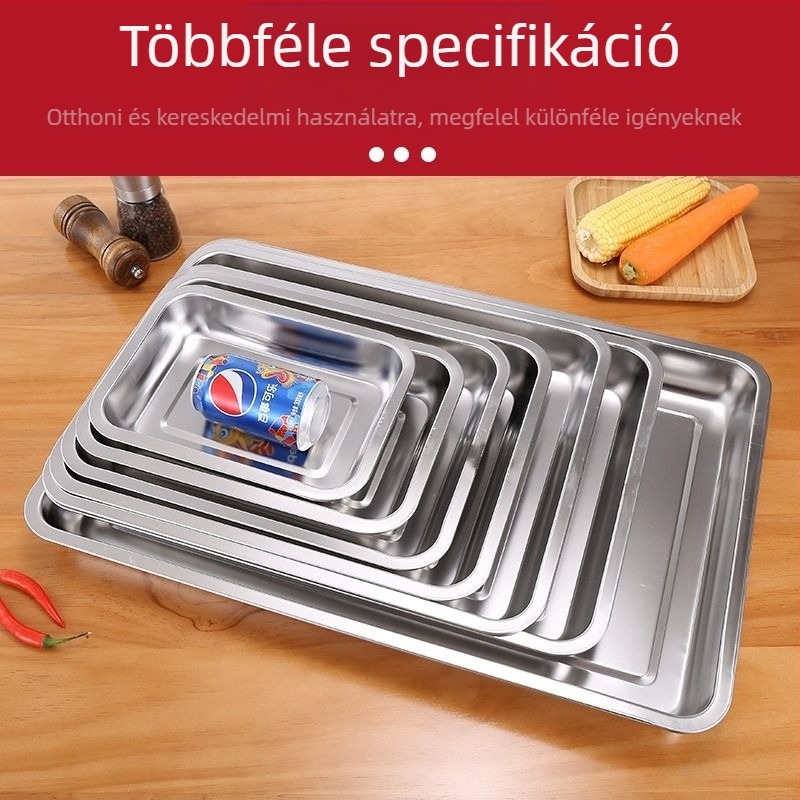 Rozsdamentes acél téglalap alakú sekély tál, fényes felület, logónyomtatás és testreszabás elérhető