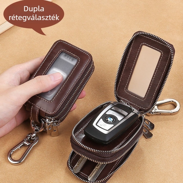 Kétoldalas cipzáras kulcstáska, nagy kapacitású autókulcs-tároló, univerzális, PU anyag
