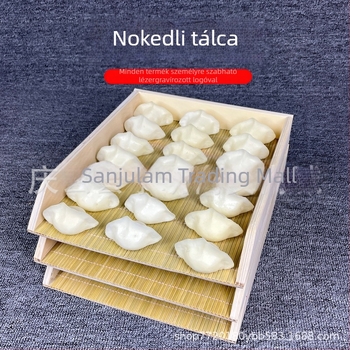 Fából készült gombóctálca, téglalap alakú, egymásra rakható, nordikus stílusú