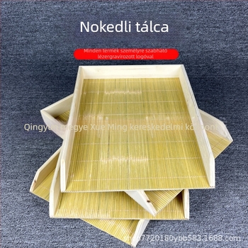 Fából készült gombóctálca, téglalap alakú, egymásra rakható, nordikus stílusú