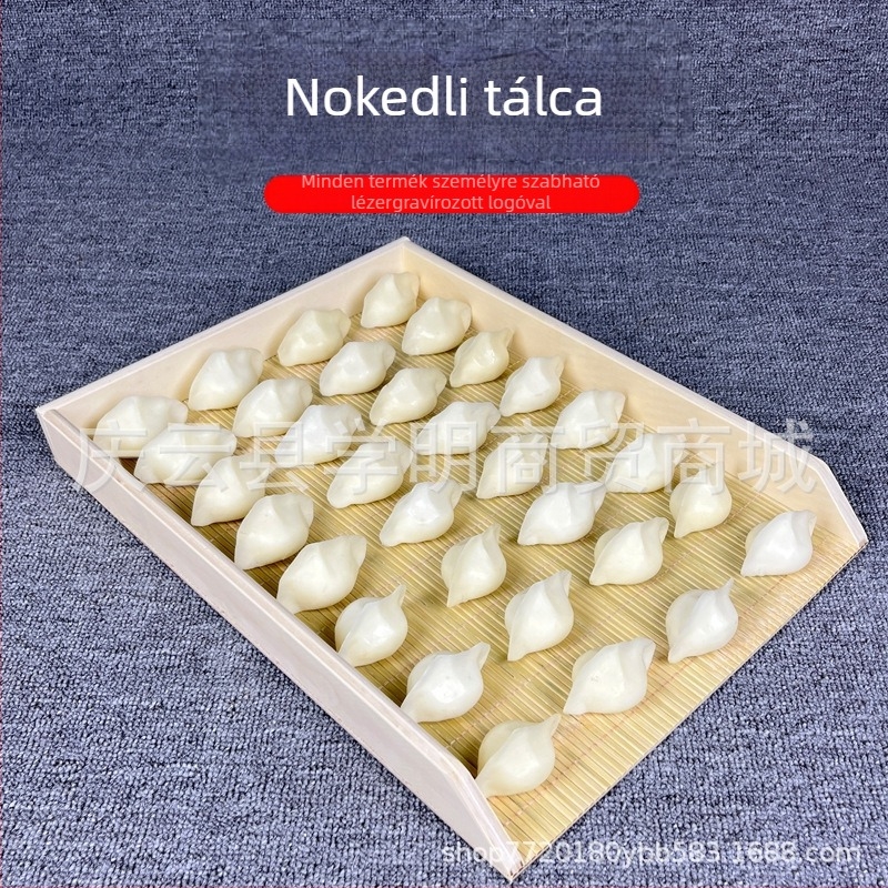 Fából készült gombóctálca, téglalap alakú, egymásra rakható, nordikus stílusú