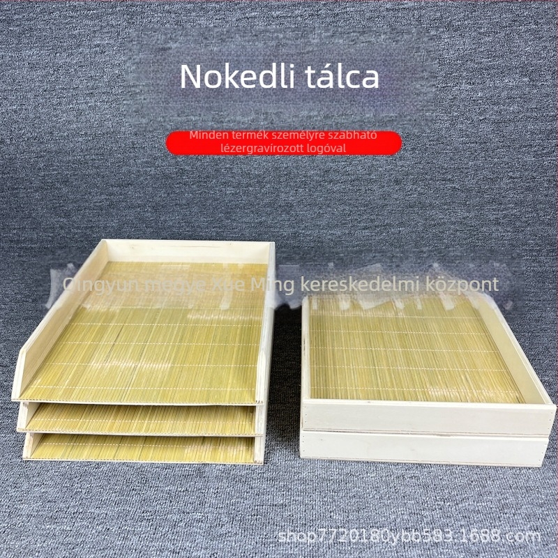 Fából készült gombóctálca, téglalap alakú, egymásra rakható, nordikus stílusú