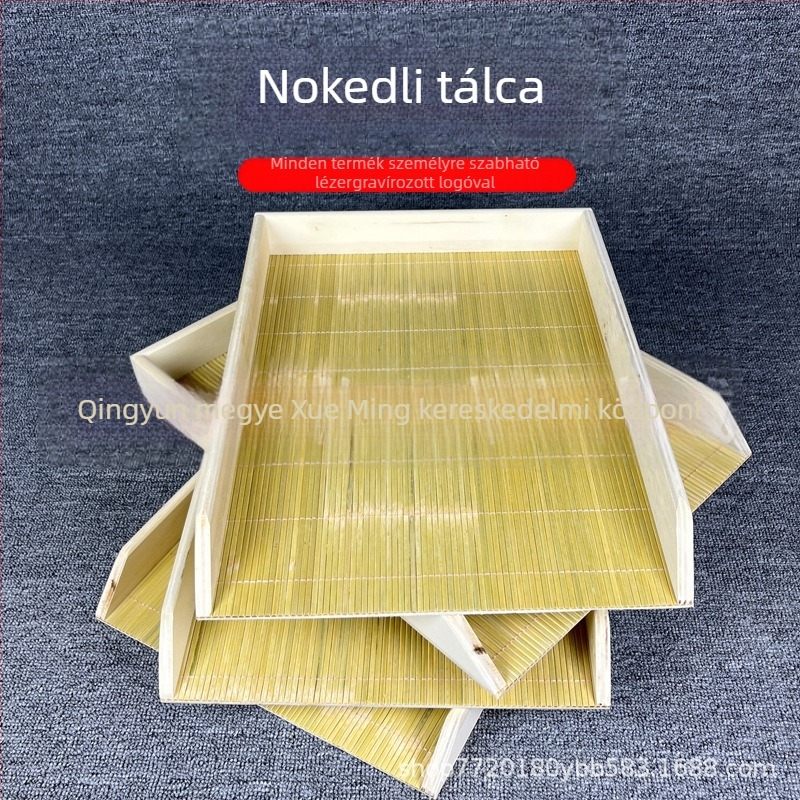 Fából készült gombóctálca, téglalap alakú, egymásra rakható, nordikus stílusú