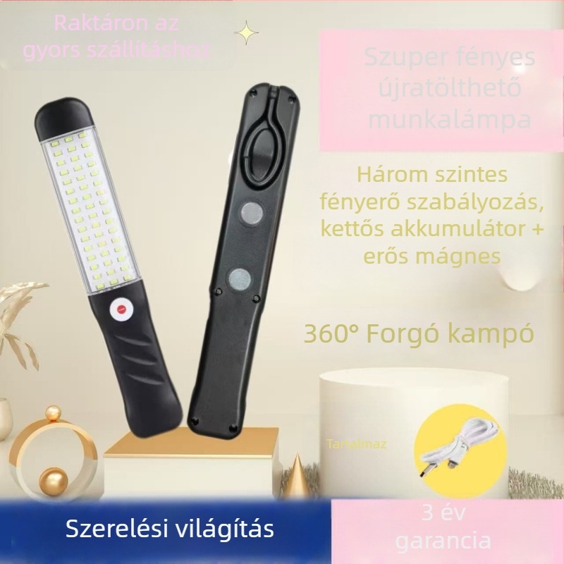 Hordozható LED munka lámpa autójavításhoz, 50W, 2 órás töltés, IP55, 18650 akkumulátor, tömeg 300 g