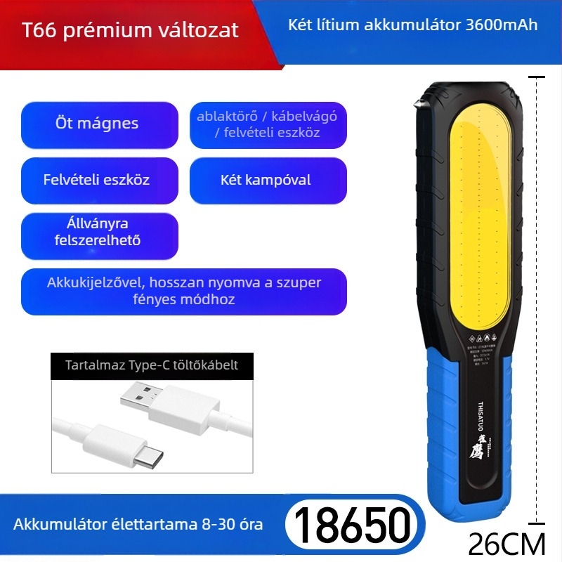 LED munka lámpa, 10W, újratölthető, ABS ház, hatótávolság ≥ 500 m