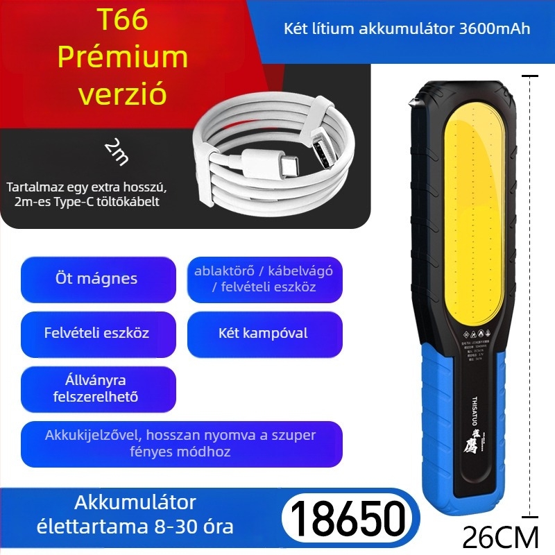 LED munka lámpa, 10W, újratölthető, ABS ház, hatótávolság ≥ 500 m