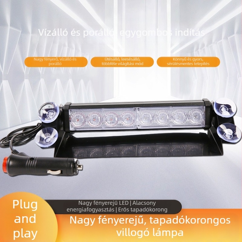 8 LED-es autófigyelmeztető fény, piros-kék, előre szélvédőre rögzíthető szívófejjel