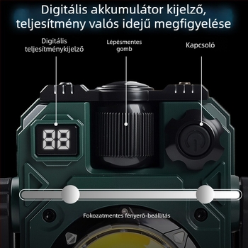 Napenergiás kemping lámpa, Type-C töltés, mágneses COB LED munkafény, 3600mAh akkumulátor, 360° forgás