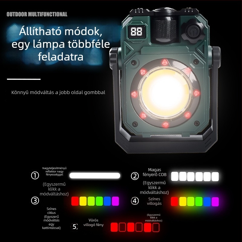 Napenergiás kemping lámpa, Type-C töltés, mágneses COB LED munkafény, 3600mAh akkumulátor, 360° forgás