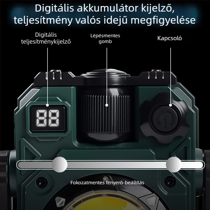 Napenergiás kemping lámpa, Type-C töltés, mágneses COB LED munkafény, 3600mAh akkumulátor, 360° forgás