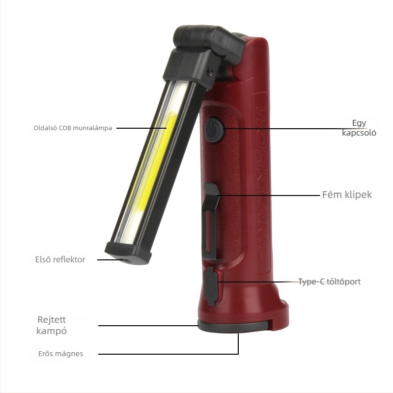 Mágneses, újratölthető LED zseblámpa állítható szöggel – kültéri kemping és többfunkciós munkalámpa, 360° forgás, 10W, 1200mAh