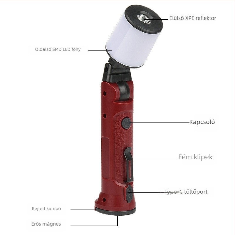Mágneses, újratölthető LED zseblámpa állítható szöggel – kültéri kemping és többfunkciós munkalámpa, 360° forgás, 10W, 1200mAh