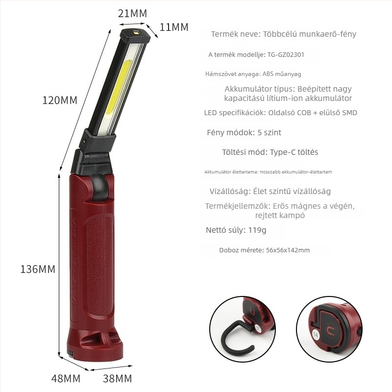 Mágneses, újratölthető LED zseblámpa állítható szöggel – kültéri kemping és többfunkciós munkalámpa, 360° forgás, 10W, 1200mAh
