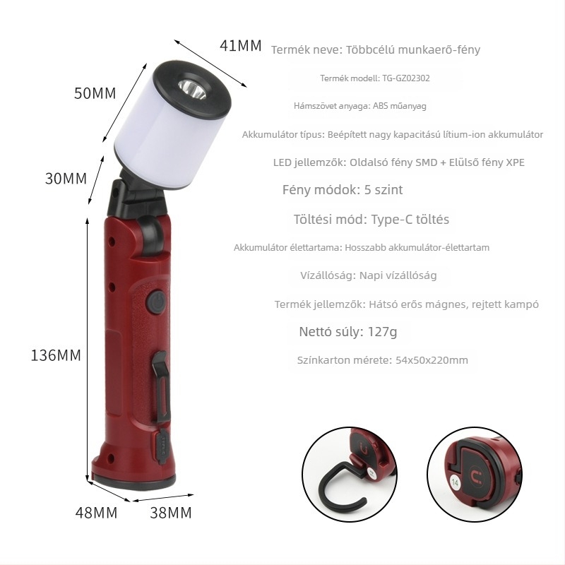 Mágneses, újratölthető LED zseblámpa állítható szöggel – kültéri kemping és többfunkciós munkalámpa, 360° forgás, 10W, 1200mAh