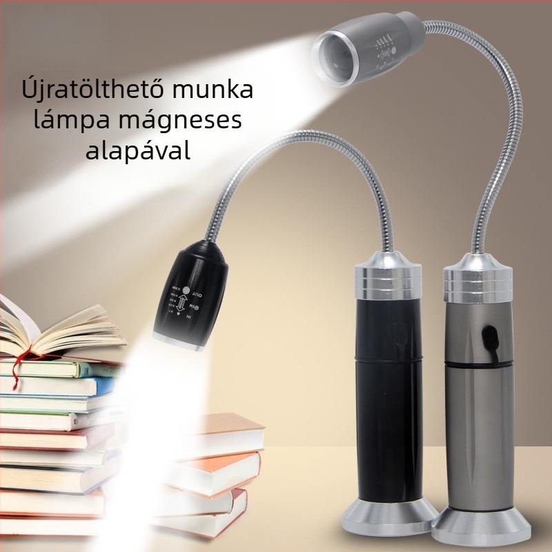 LED munka- és kempinglámpa 360°-os forgó fénnyel, újratölthető 10W, 1200mAh akkumulátor, alumínium test, kézi tekercseléses töltés, állítható fókusz, 200–500 m hatótávolság
