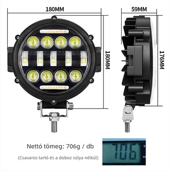 Alumínium házú kerek LED munkalámpa járművekhez, 51W, 13 LED, 9-36V, 3000 lm, élettartam ≥30000 h