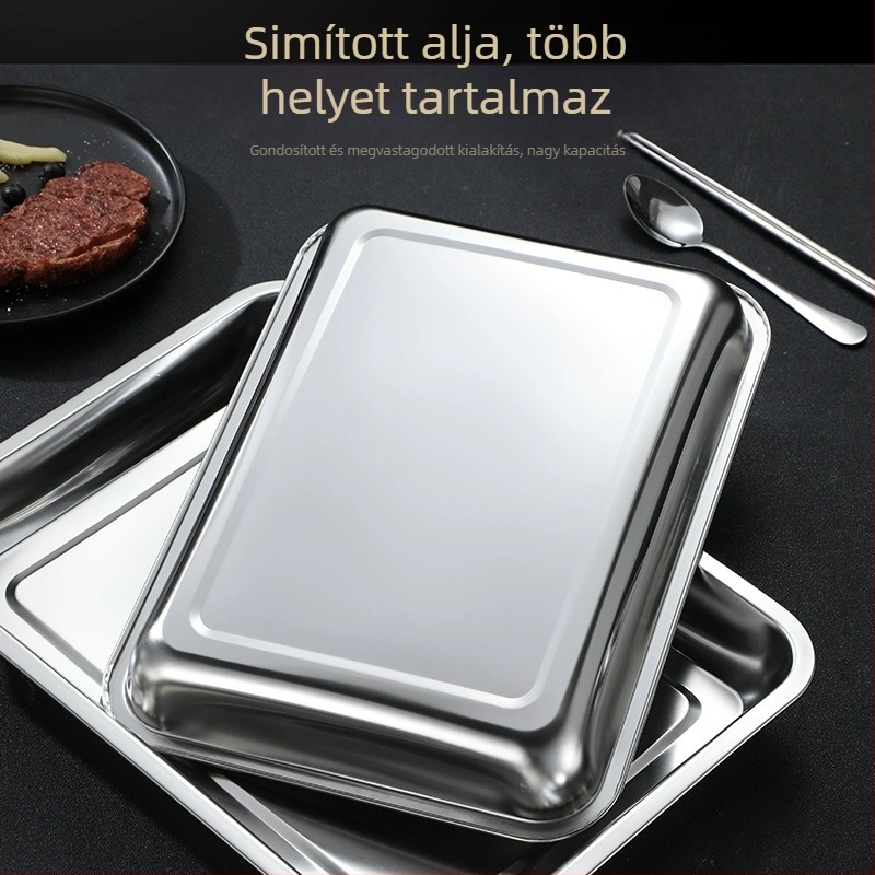 Rozsdamentes acél négyszögletes tál grillezéshez és gőzöléshez, polírozott felület, minimalist stílus, mikrohullámú sütőben is használható