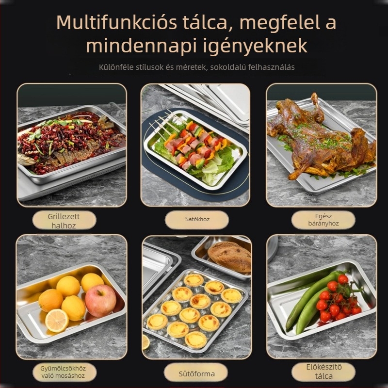 Rozsdamentes acél négyszögletes tál grillezéshez és gőzöléshez, polírozott felület, minimalist stílus, mikrohullámú sütőben is használható