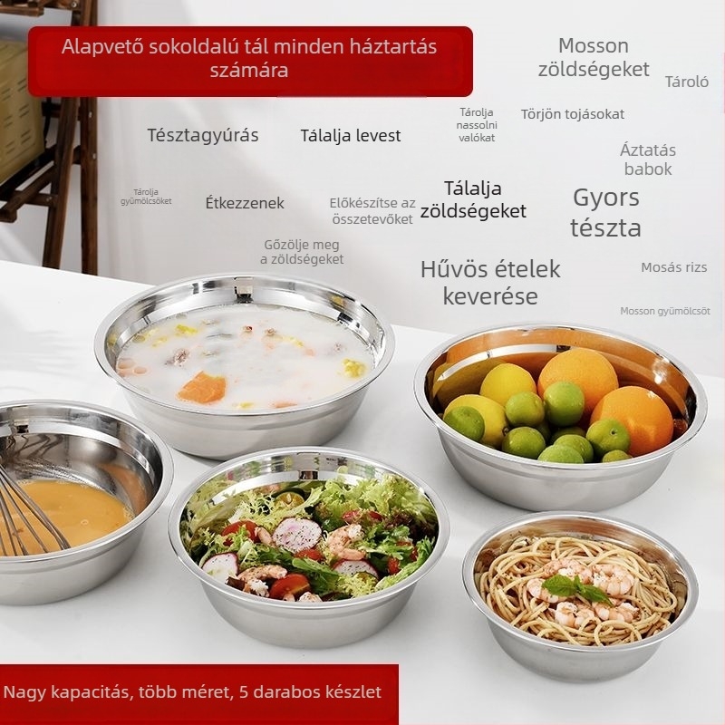 Rozsdamentes acélból készült levesestál, kör alakú, kereskedelmi étkezőben