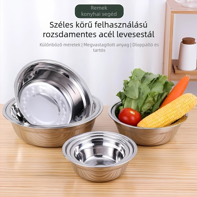 Rozsdamentes acélból készült levesestál, kör alakú, kereskedelmi étkezőben