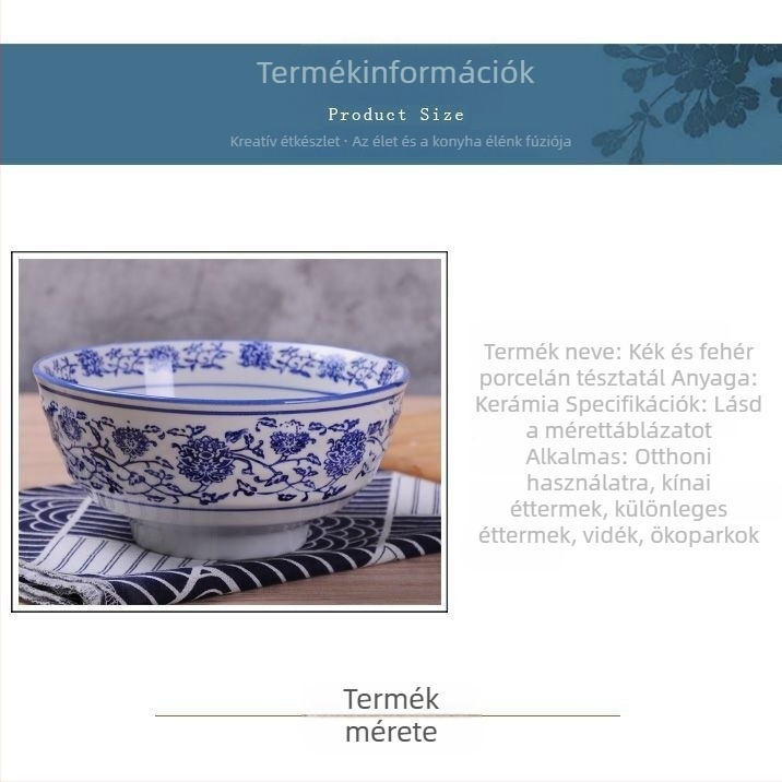 Nagy kék-fehér porcelános tál tésztafélékhez, marhahúsleveshez, ramenhez és zabkásához