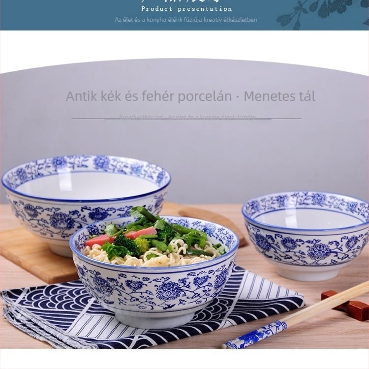 Nagy kék-fehér porcelános tál tésztafélékhez, marhahúsleveshez, ramenhez és zabkásához