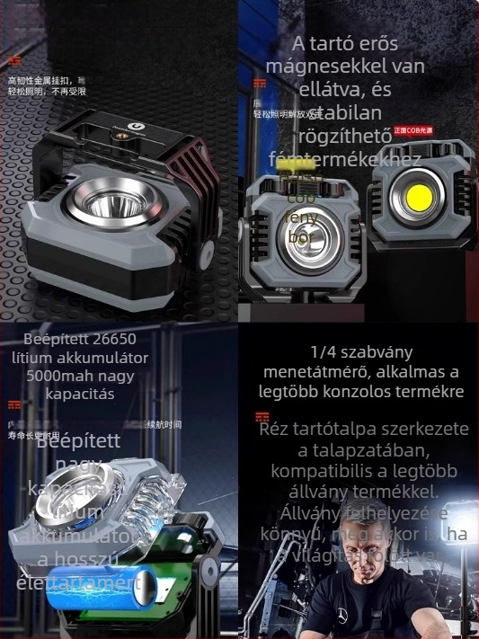 Mágneses LED-kempinglámpa, hordozható, újratölthető, 20W, 3.7V, lépésmentes fényerő-szabályozás