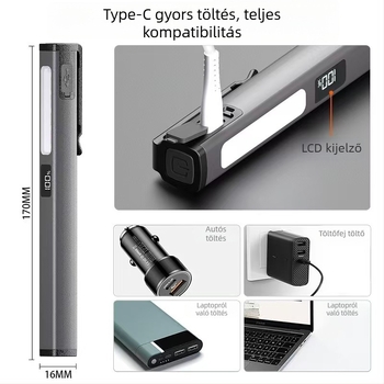 LED toll formájú munkalámpa USB töltéssel, mágneses alap és kijelző – 3W LED, 400mAh