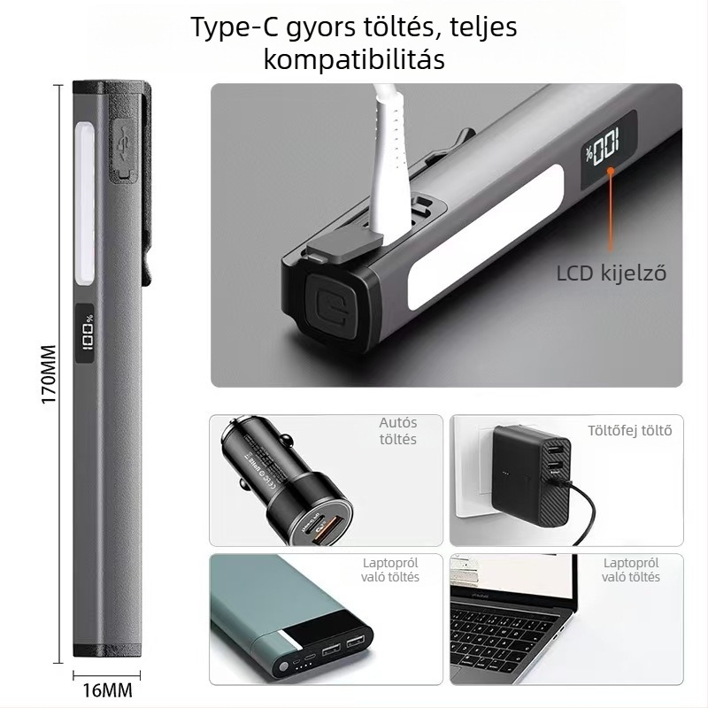 LED toll formájú munkalámpa USB töltéssel, mágneses alap és kijelző – 3W LED, 400mAh