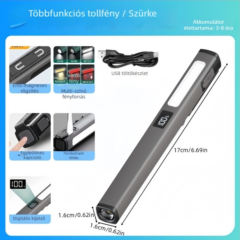 LED toll formájú munkalámpa USB töltéssel, mágneses alap és kijelző – 3W LED, 400mAh