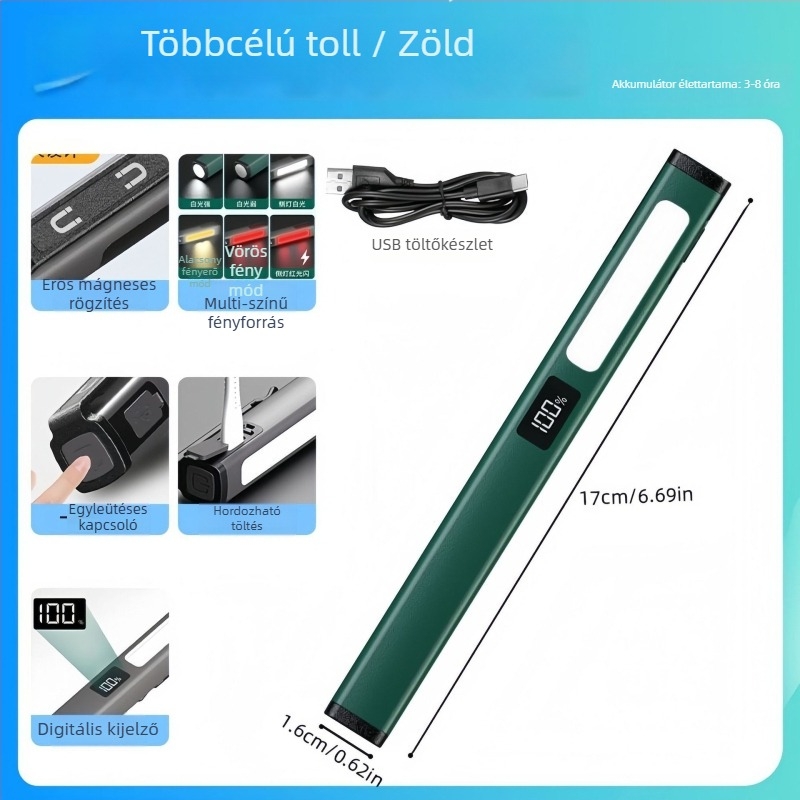 LED toll formájú munkalámpa USB töltéssel, mágneses alap és kijelző – 3W LED, 400mAh