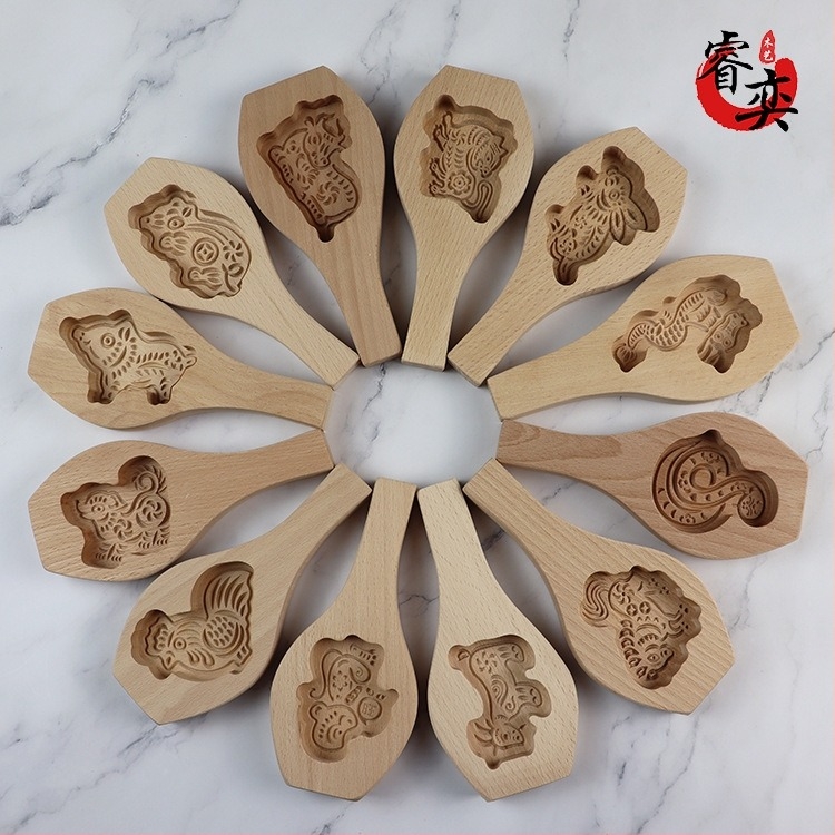 Bükkfából készült zodiák sütőforma gőzölt zsemlékhez, Mooncakes és Dim Sum