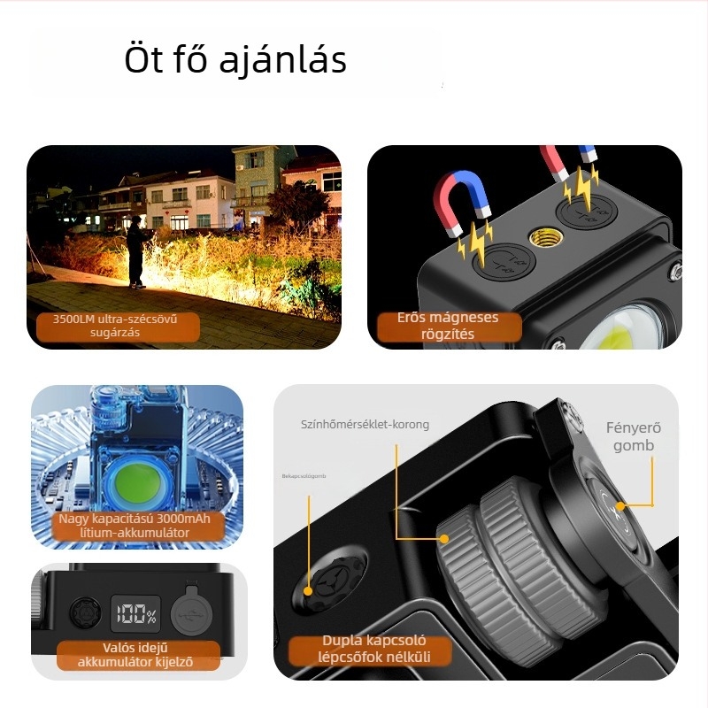 USB újratölthető LED sátorvilágítás, alumínium ötvözet test, COB LED, 360° forgás, 3000mAh akkumulátor