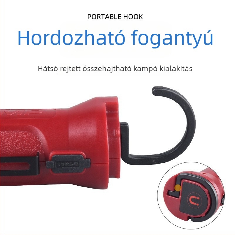 Kézi mágneses COB LED munkalámpa járműhöz, 10W, 1200mAh, USB-C tölthető, többfunkciós