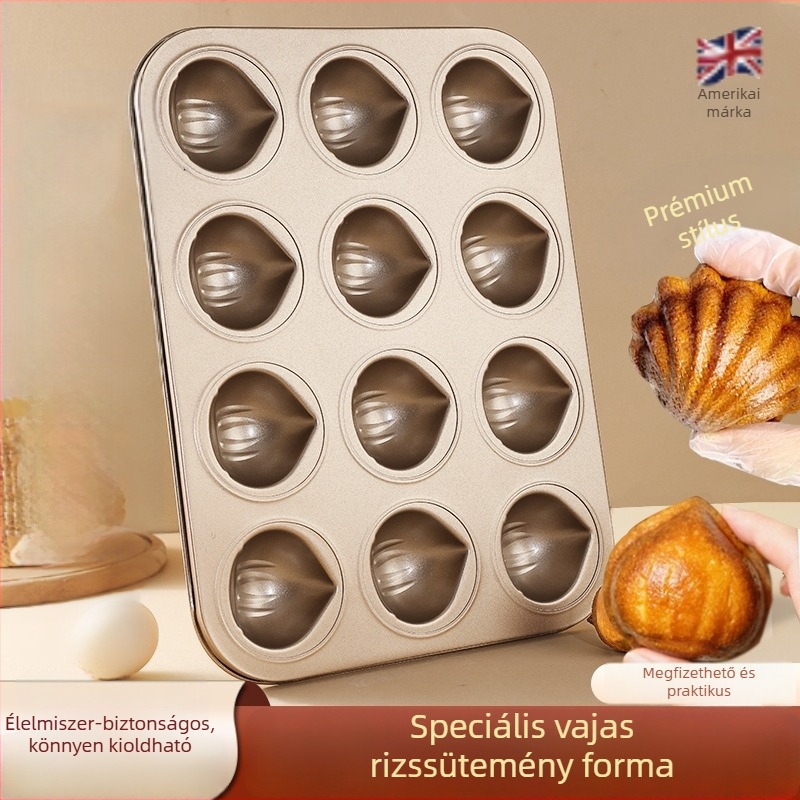 12 üreges, nem tapadó madeleine forma vajrízs süteményhez gesztenyével, téglalap alakú, szénacélból, arany színű