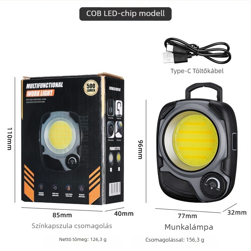 USB-töltésre tölthető munkalámpa COB LED-del, lépésmentes fényerő-szabályozás, 5W, 2000mAh