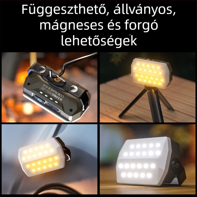 Kemping és autójavítás LED elemlámpa, mágneses munka lámpa, modell K3008, 750 lm, 3,7 V, 4000–10000 mAh, közvetlen töltés